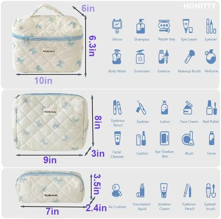 Floral Cosmetic Bag Set, 3-Piece Travel Toiletry Organizer Large Floral Cosmetic Bag for Women Cute Cotton Makeup Bags (Blue bow)