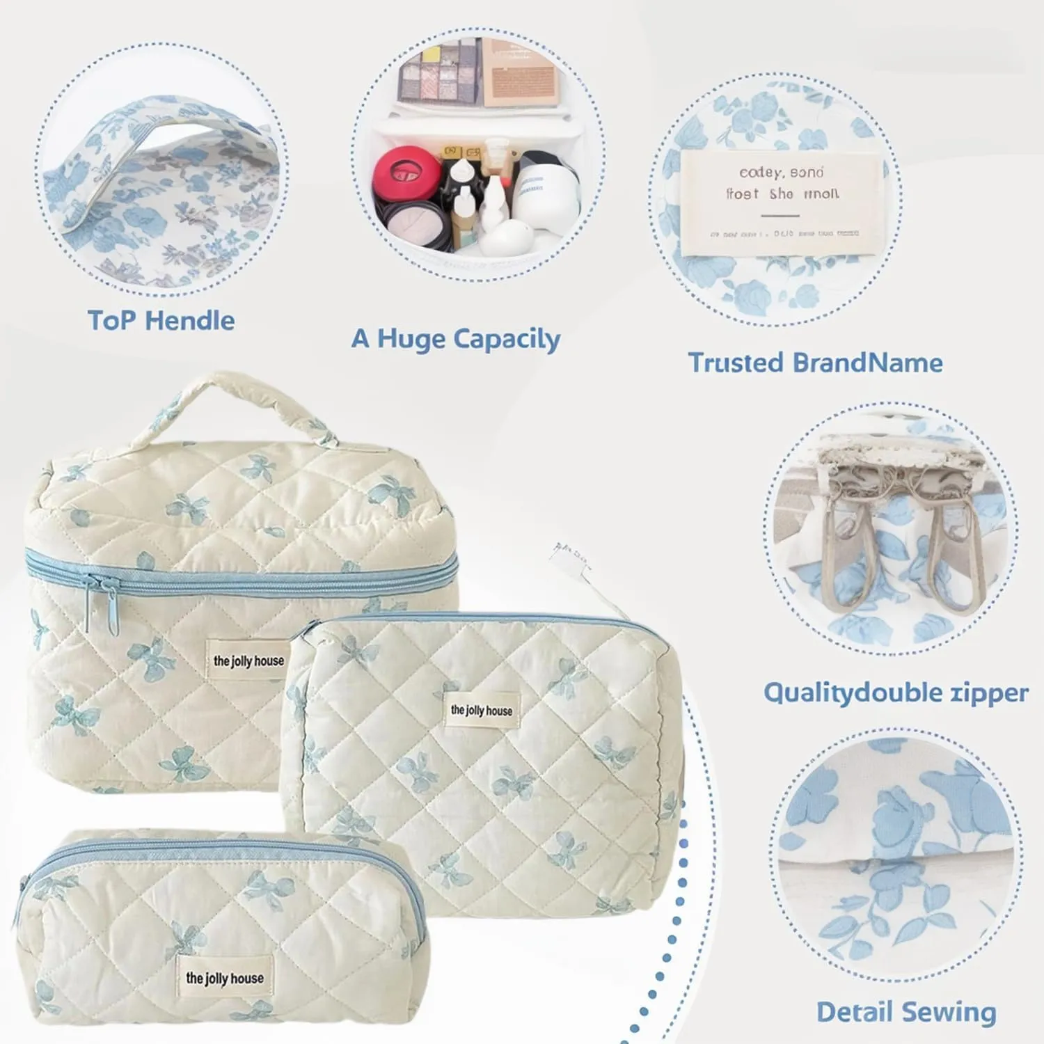 Floral Cosmetic Bag Set, 3-Piece Travel Toiletry Organizer Large Floral Cosmetic Bag for Women Cute Cotton Makeup Bags (Blue bow)