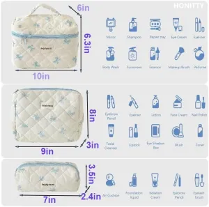 Floral Cosmetic Bag Set, 3-Piece Travel Toiletry Organizer Large Floral Cosmetic Bag for Women Cute Cotton Makeup Bags (Blue bow)