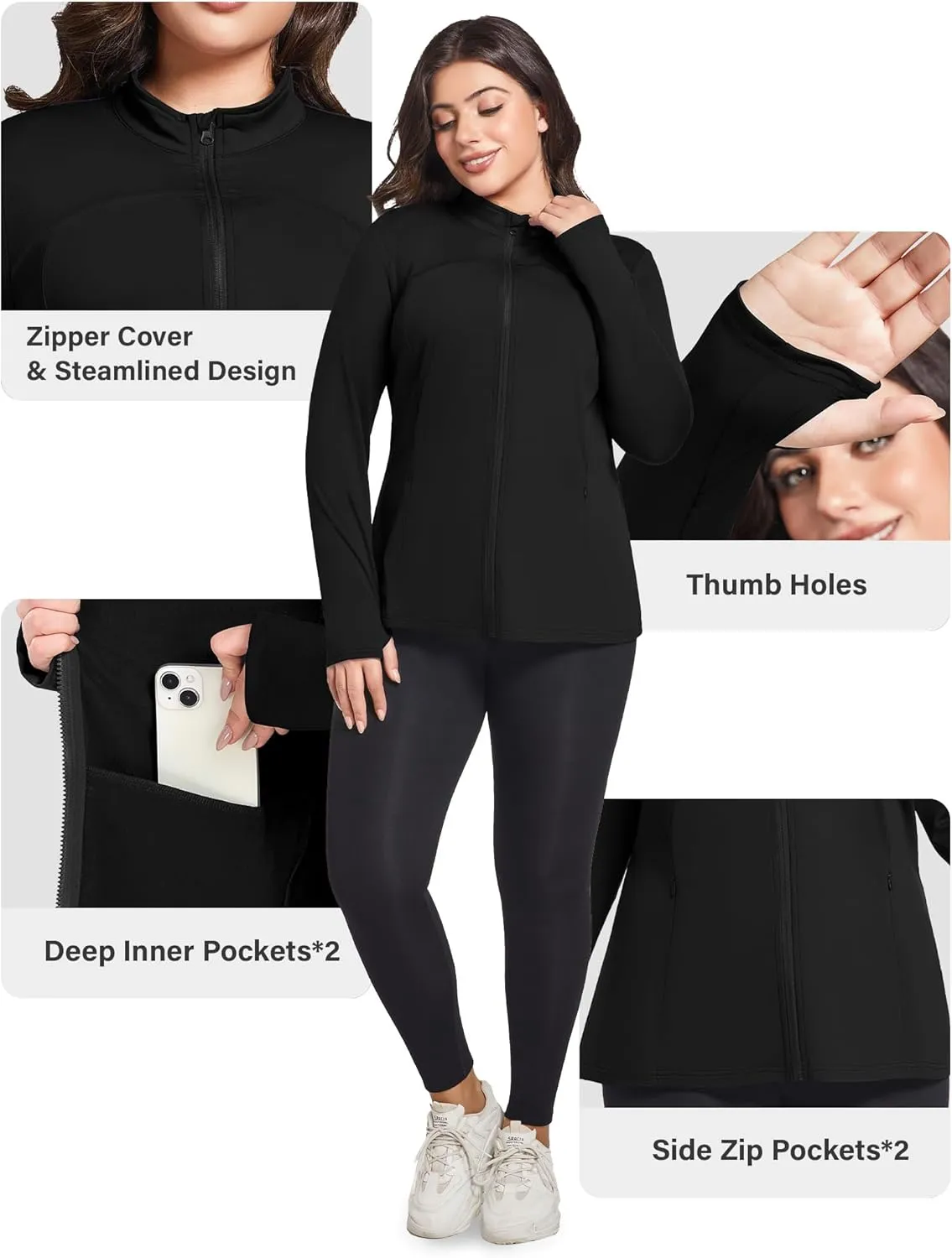 FOREYOND Plus Size Jackets for Women Athletic Workout Running Jacket Full Zip up Lightweight Yoga Tops with Thumb Holes