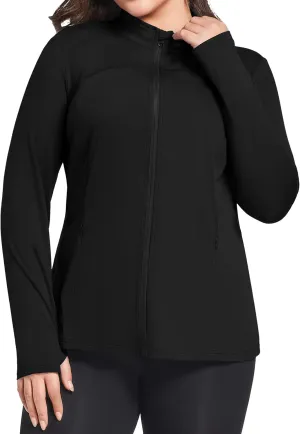 FOREYOND Plus Size Jackets for Women Athletic Workout Running Jacket Full Zip up Lightweight Yoga Tops with Thumb Holes