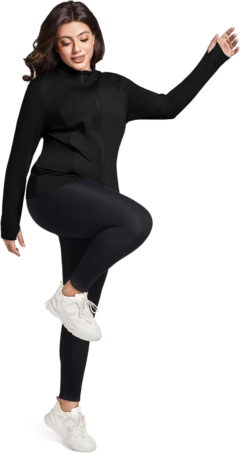 FOREYOND Plus Size Jackets for Women Athletic Workout Running Jacket Full Zip up Lightweight Yoga Tops with Thumb Holes