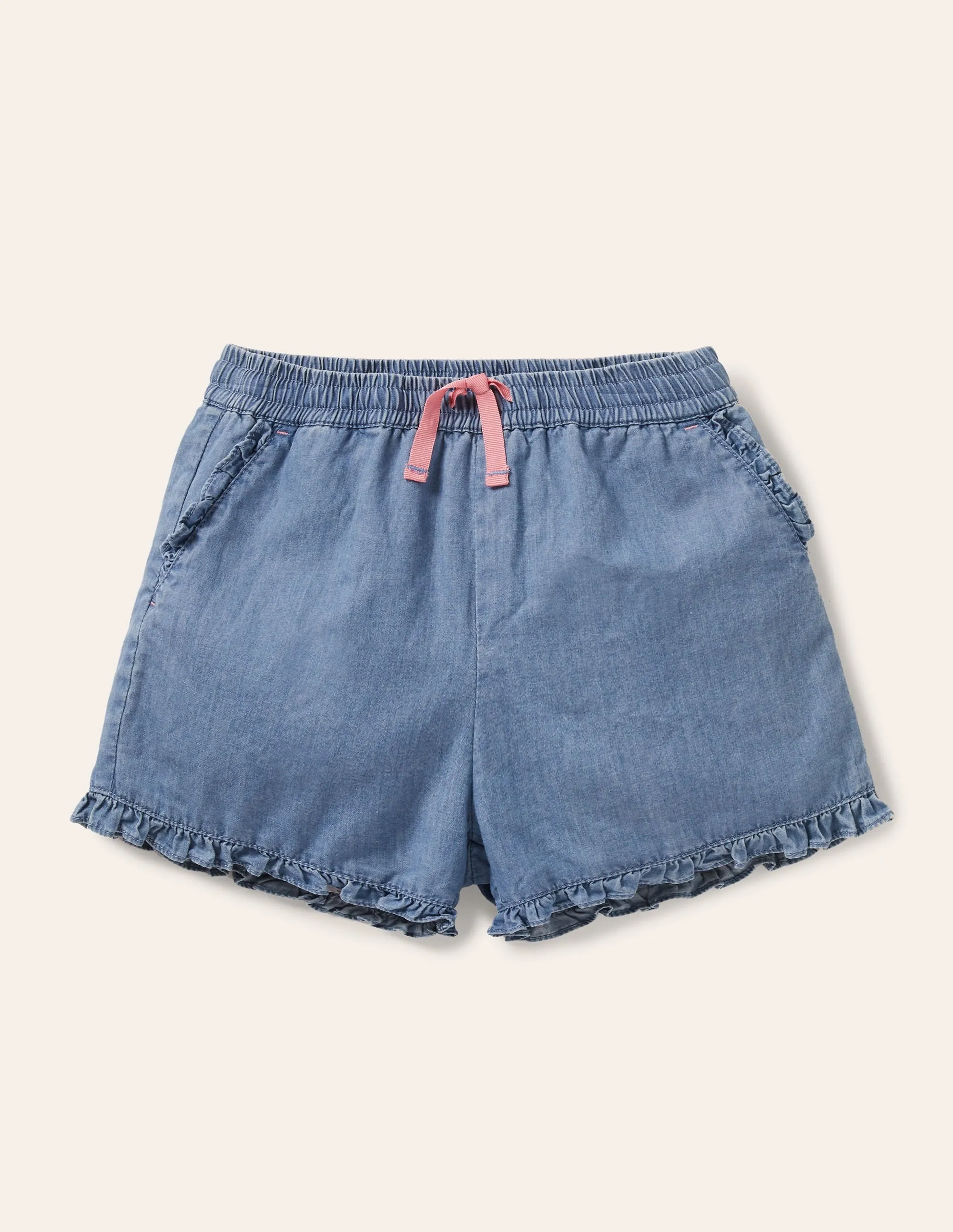 Frill Hem Shorts-Chambray