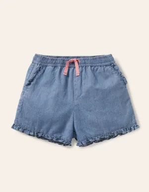 Frill Hem Shorts-Chambray