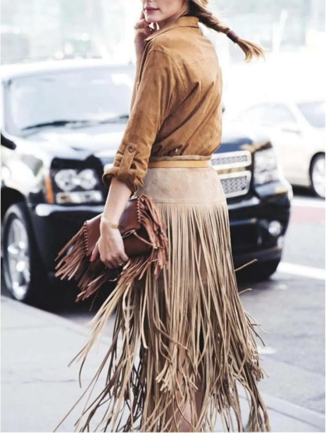 Fringe Midi High Waist Layered Tassel Suede Cowboy Bodycon Pencil Cozy Trendy Casual Skirts