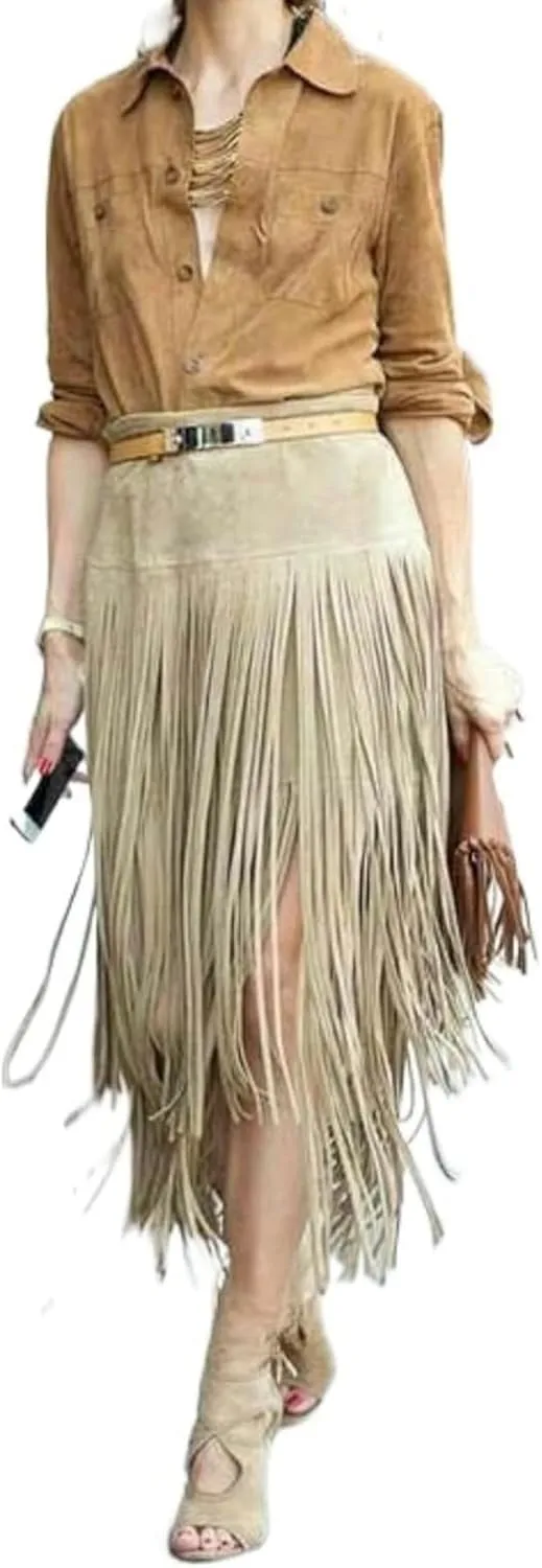 Fringe Midi High Waist Layered Tassel Suede Cowboy Bodycon Pencil Cozy Trendy Casual Skirts