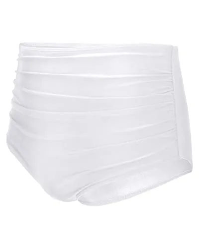 Full Coverage High Waisted Bikini Shirred Tankinis Brief-White