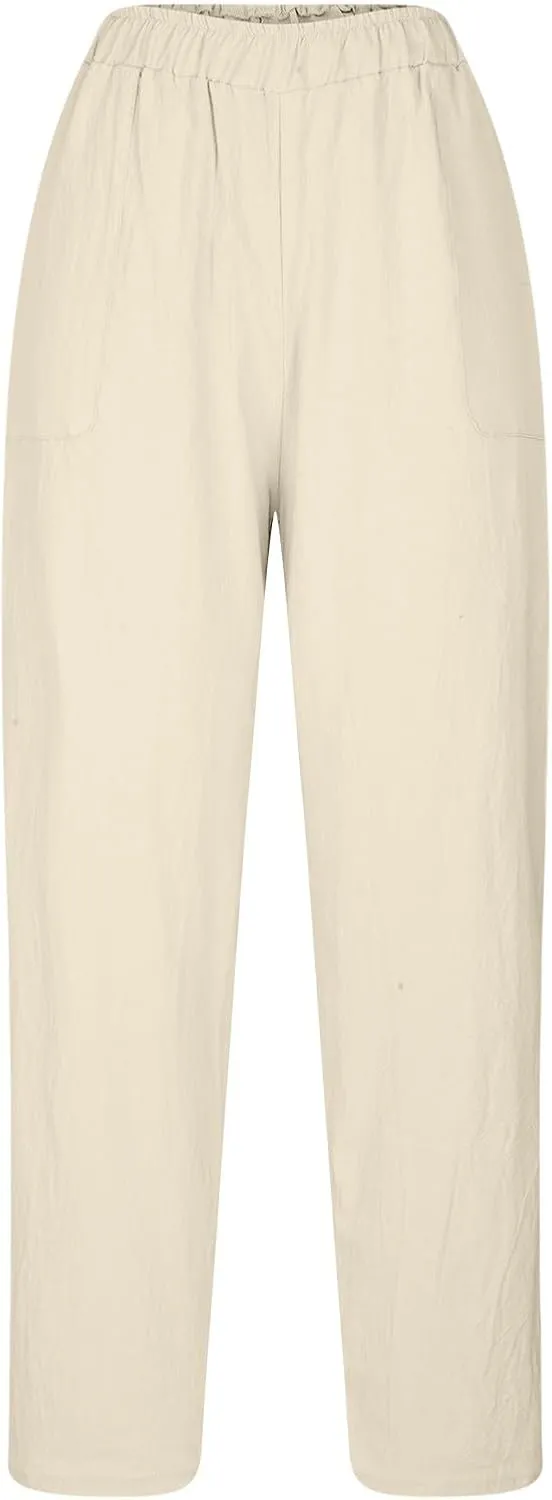 FZYLQY 2025 Summer Straight Leg Linen Pants for Women Lightweight Beach Pants Trendy Lounge Pants Comfy Trousers with Pockets