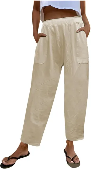 FZYLQY 2025 Summer Straight Leg Linen Pants for Women Lightweight Beach Pants Trendy Lounge Pants Comfy Trousers with Pockets