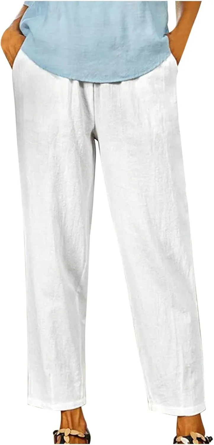 FZYLQY Linen Pants for Women Straight Leg Summer Trendy Elastic Waist Palazzo Beach Loose Fit Cropped Trousers with Pockets