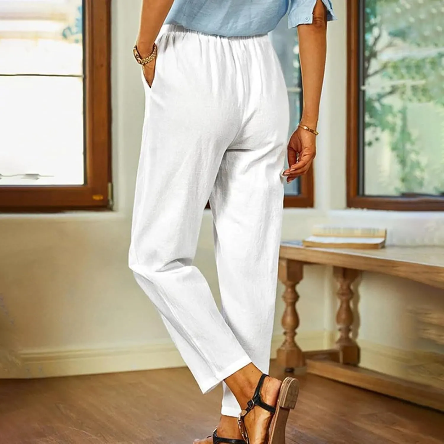 FZYLQY Linen Pants for Women Straight Leg Summer Trendy Elastic Waist Palazzo Beach Loose Fit Cropped Trousers with Pockets