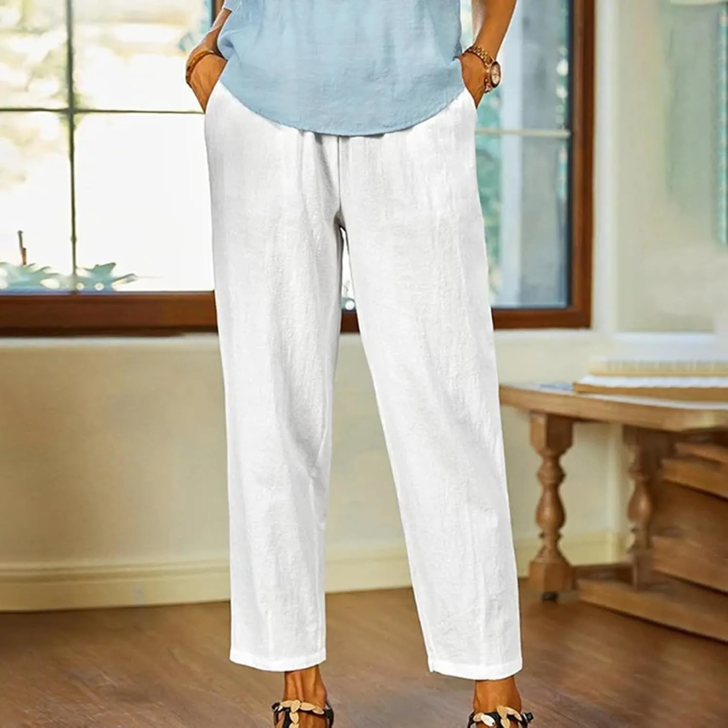 FZYLQY Linen Pants for Women Straight Leg Summer Trendy Elastic Waist Palazzo Beach Loose Fit Cropped Trousers with Pockets