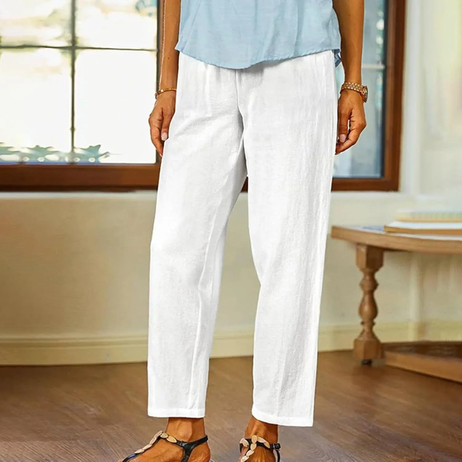 FZYLQY Linen Pants for Women Straight Leg Summer Trendy Elastic Waist Palazzo Beach Loose Fit Cropped Trousers with Pockets