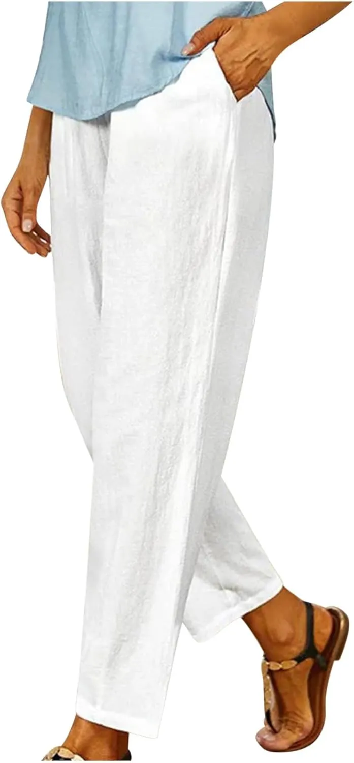 FZYLQY Linen Pants for Women Straight Leg Summer Trendy Elastic Waist Palazzo Beach Loose Fit Cropped Trousers with Pockets