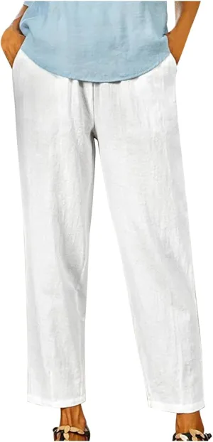 FZYLQY Linen Pants for Women Straight Leg Summer Trendy Elastic Waist Palazzo Beach Loose Fit Cropped Trousers with Pockets