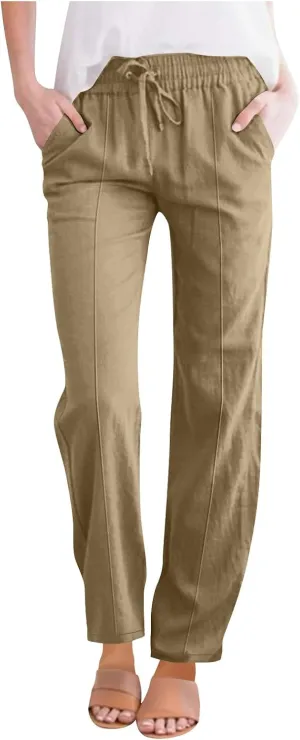 FZYLQY Womens Linen Pants 2025 Summer High Waisted Drawstring Lounge Trousers Beach Straight Wide Leg Palazzo Joggers