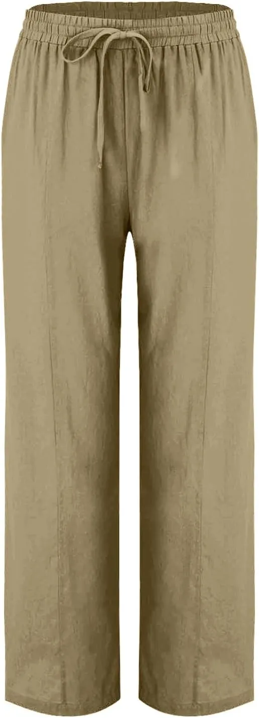 FZYLQY Womens Linen Pants 2025 Summer High Waisted Drawstring Lounge Trousers Beach Straight Wide Leg Palazzo Joggers