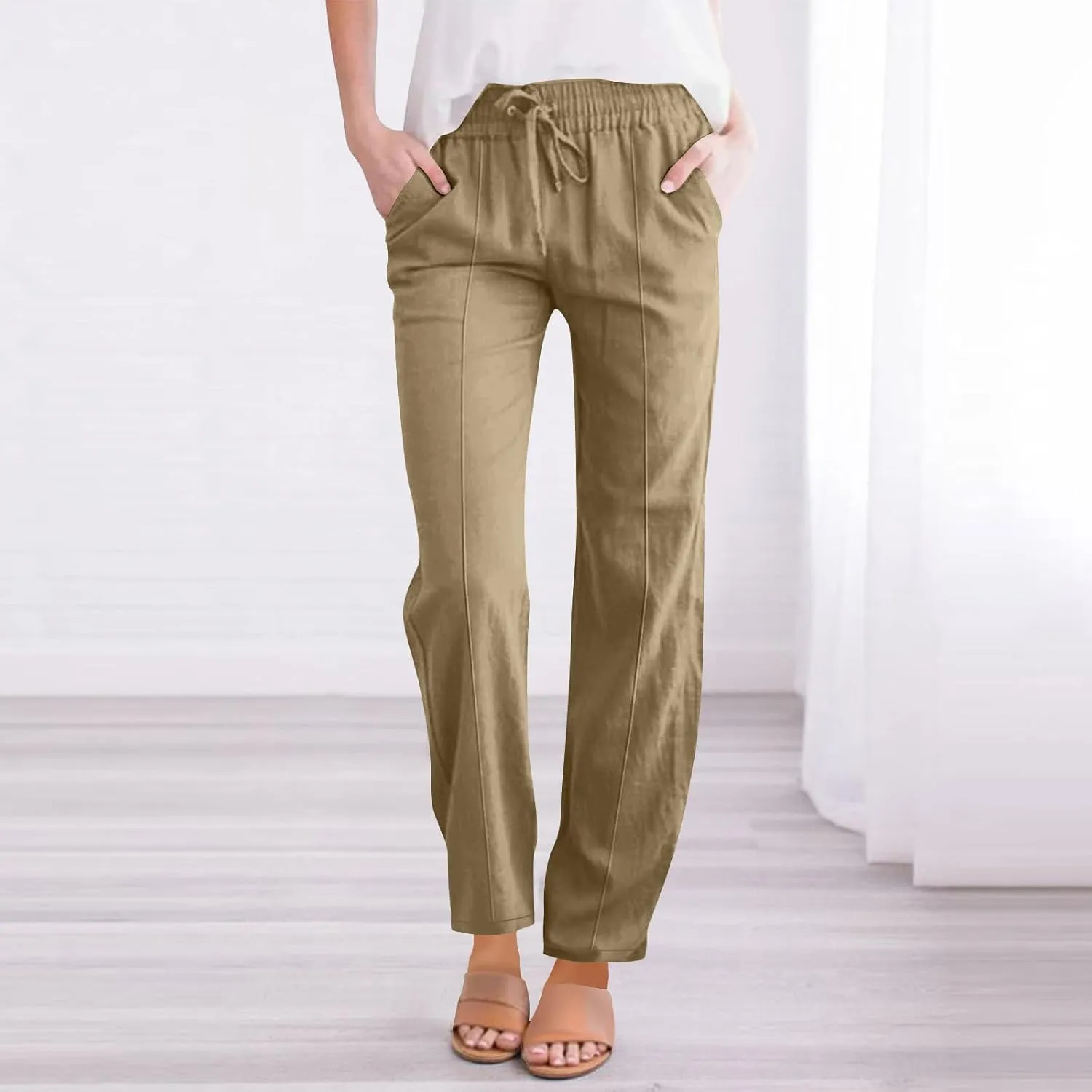 FZYLQY Womens Linen Pants 2025 Summer High Waisted Drawstring Lounge Trousers Beach Straight Wide Leg Palazzo Joggers