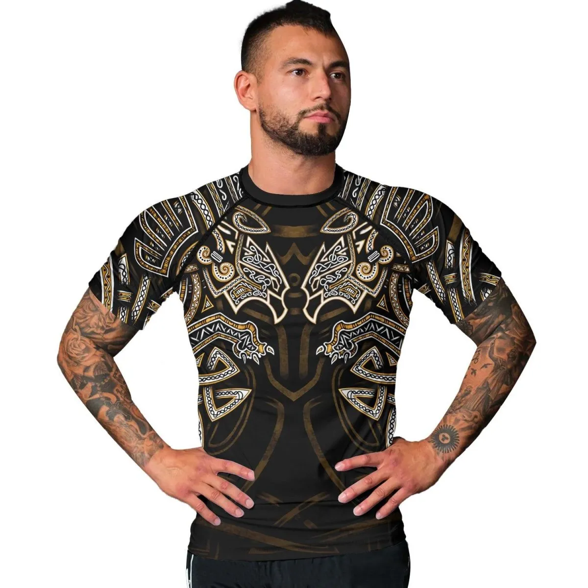 Golden Viking Fenrir Symbol Rune Men's Short Sleeve Rash Guard