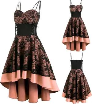 Gothic Punk Dresses for Women Pleated Cami Midi Dress with Drawstring Waist Lace Spaghetti Strap Dress