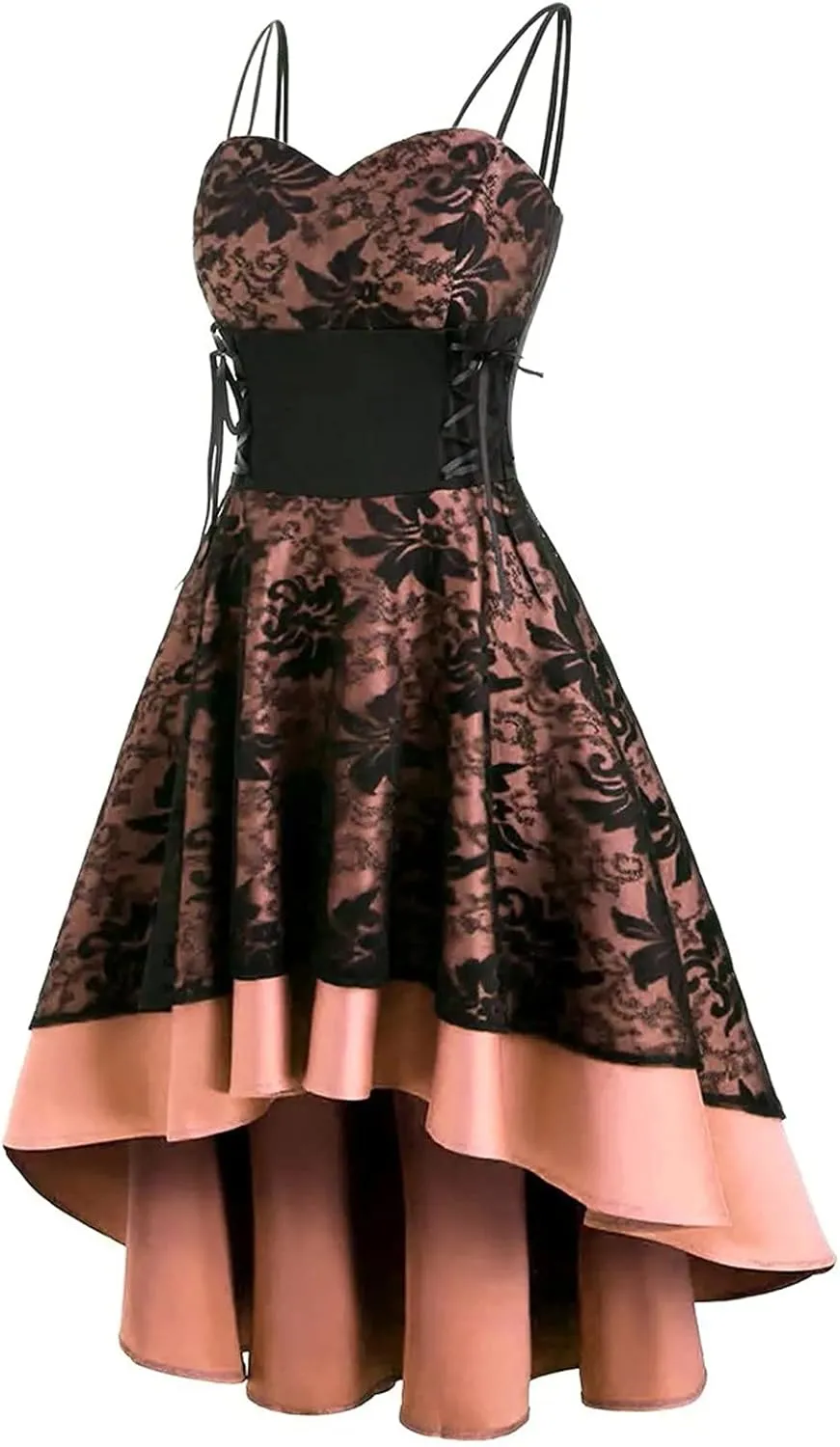 Gothic Punk Dresses for Women Pleated Cami Midi Dress with Drawstring Waist Lace Spaghetti Strap Dress