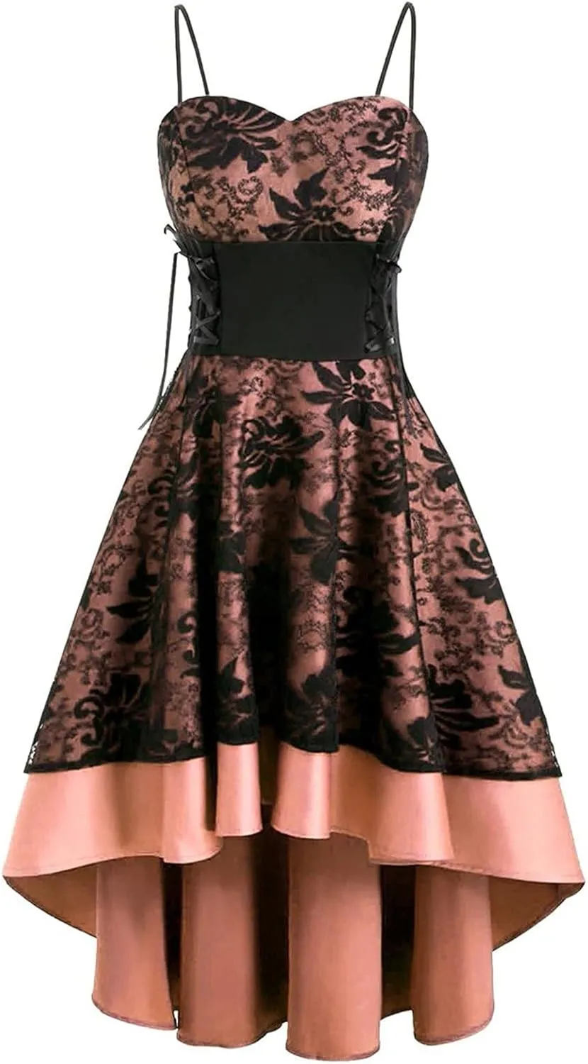 Gothic Punk Dresses for Women Pleated Cami Midi Dress with Drawstring Waist Lace Spaghetti Strap Dress