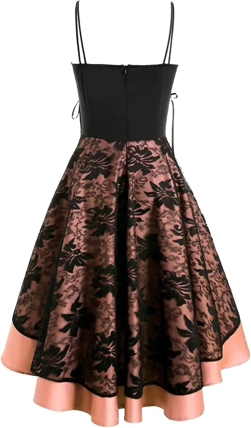 Gothic Punk Dresses for Women Pleated Cami Midi Dress with Drawstring Waist Lace Spaghetti Strap Dress