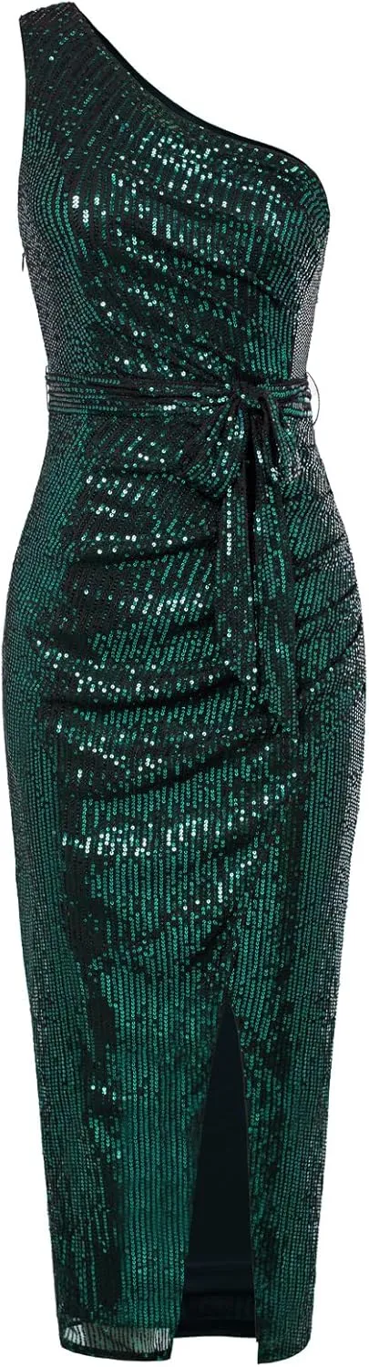 GRACE KARIN Women Sleeveless One Shoulder Sequin Dress Sparkly Glitter Wrap Dress Cocktail Wedding Maxi Dresses with Slit