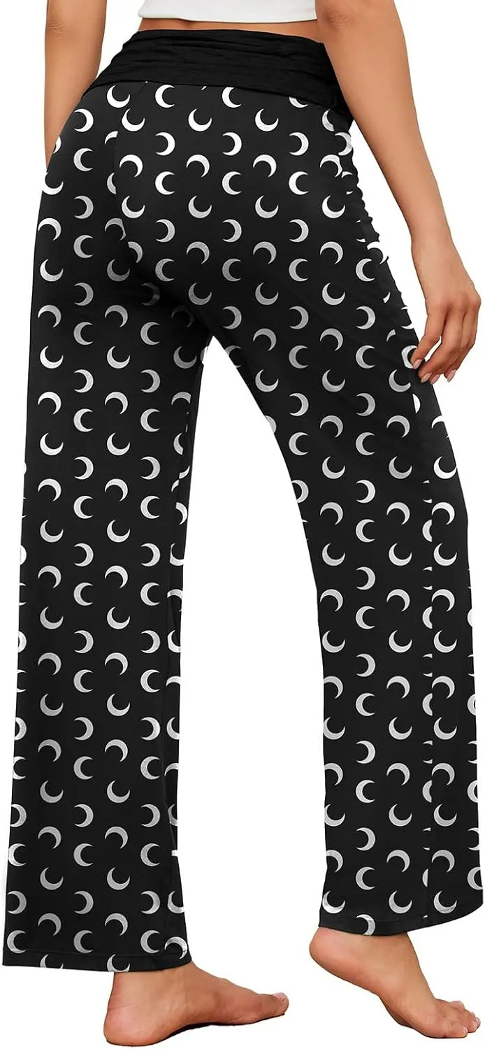Gracyoga Women's Comfy Pajama Pants Wide Leg Lounge Palazzo Yoga Pants Stretch Casual Floral Print Fold Waist Pants