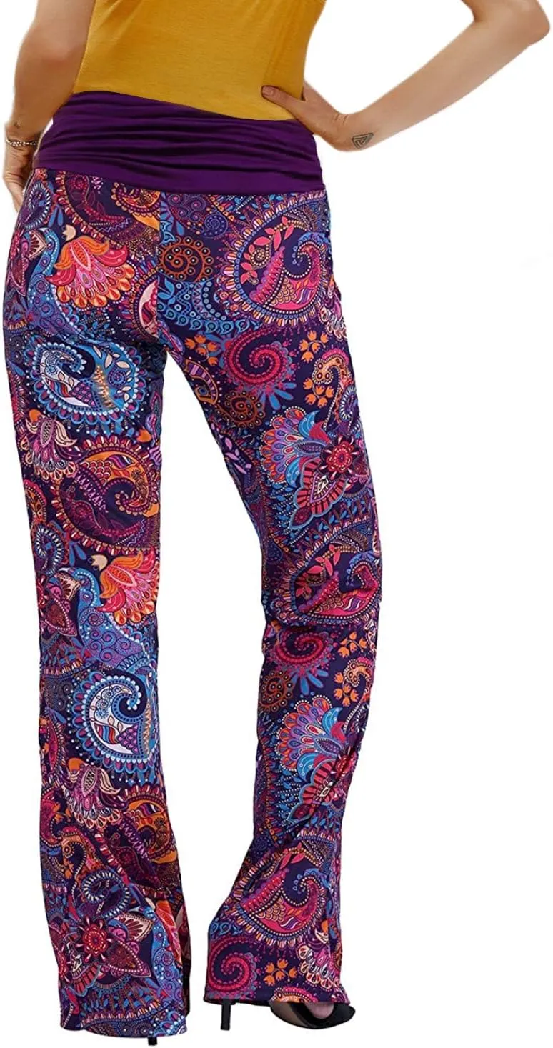 Gracyoga Women's Comfy Pajama Pants Wide Leg Lounge Palazzo Yoga Pants Stretch Casual Floral Print Fold Waist Pants