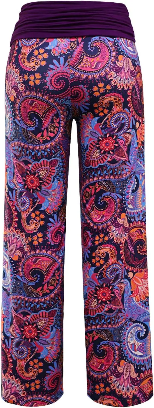 Gracyoga Women's Comfy Pajama Pants Wide Leg Lounge Palazzo Yoga Pants Stretch Casual Floral Print Fold Waist Pants