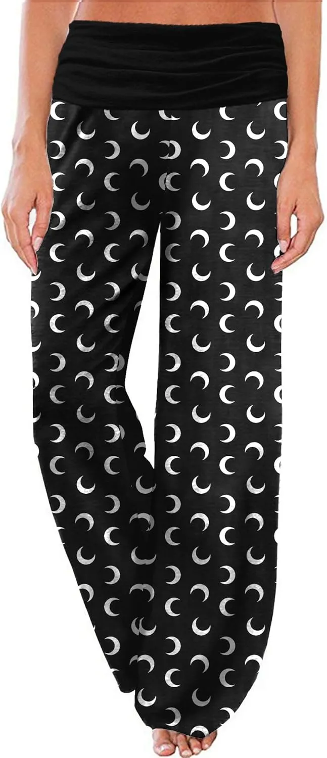 Gracyoga Women's Comfy Pajama Pants Wide Leg Lounge Palazzo Yoga Pants Stretch Casual Floral Print Fold Waist Pants