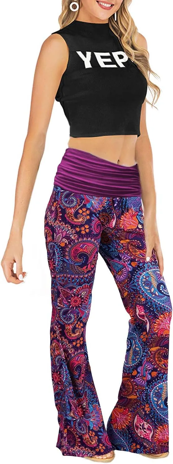 Gracyoga Women's Comfy Pajama Pants Wide Leg Lounge Palazzo Yoga Pants Stretch Casual Floral Print Fold Waist Pants