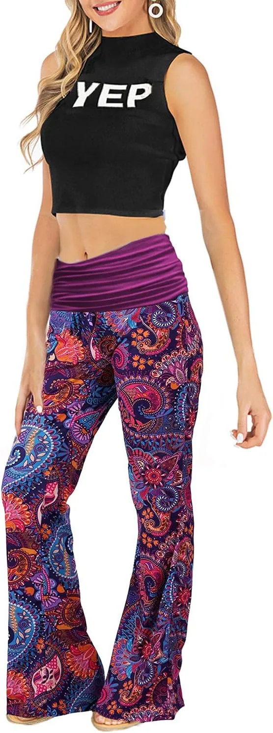 Gracyoga Women's Comfy Pajama Pants Wide Leg Lounge Palazzo Yoga Pants Stretch Casual Floral Print Fold Waist Pants