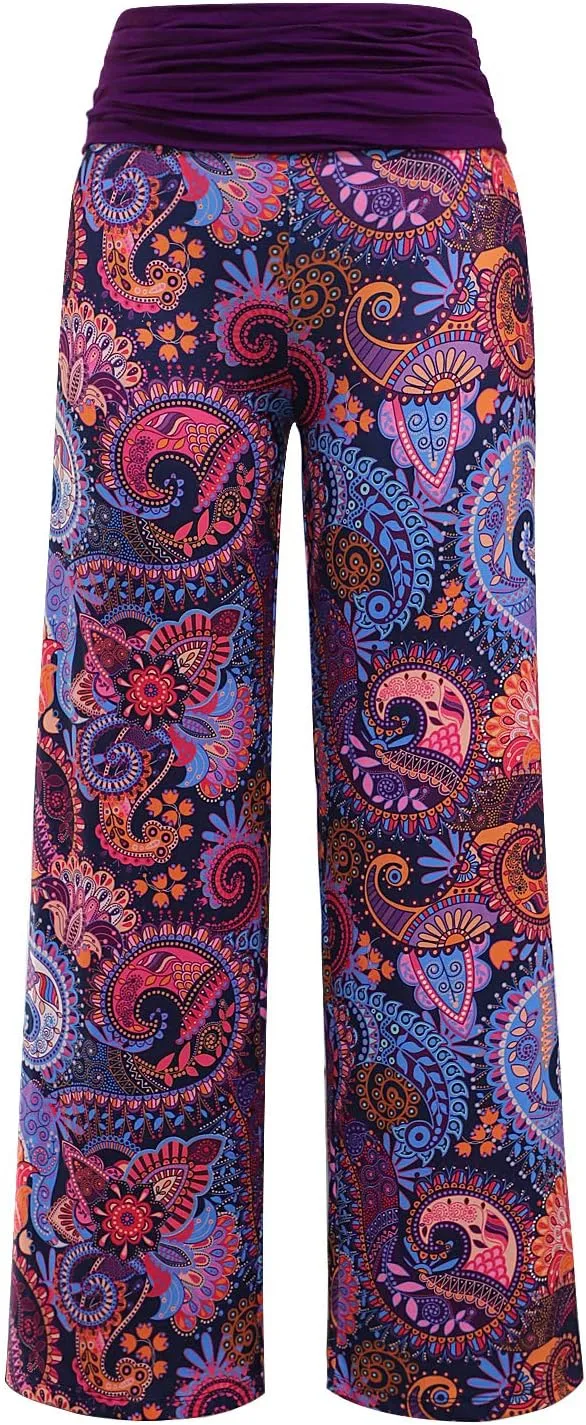 Gracyoga Women's Comfy Pajama Pants Wide Leg Lounge Palazzo Yoga Pants Stretch Casual Floral Print Fold Waist Pants