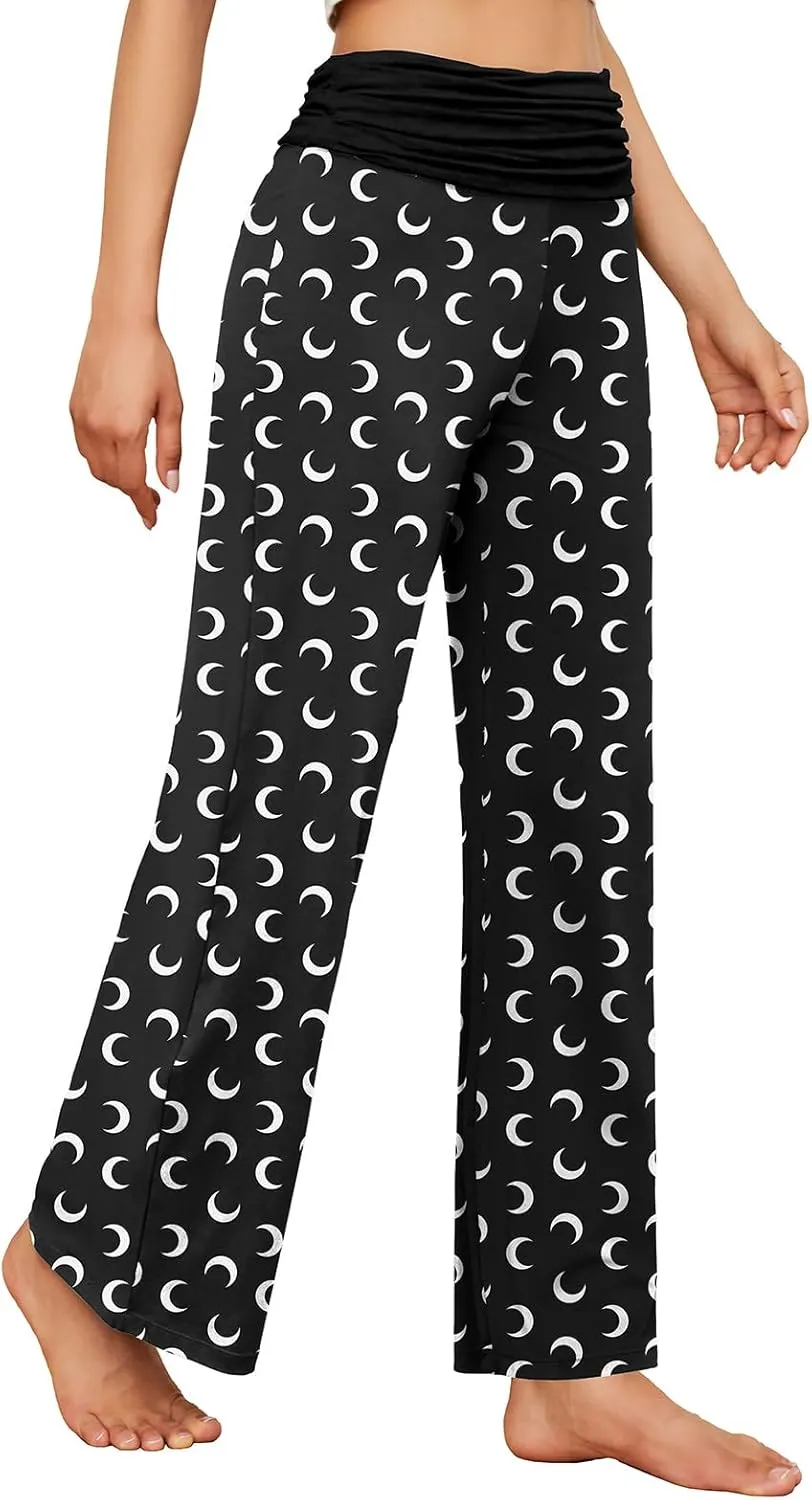 Gracyoga Women's Comfy Pajama Pants Wide Leg Lounge Palazzo Yoga Pants Stretch Casual Floral Print Fold Waist Pants