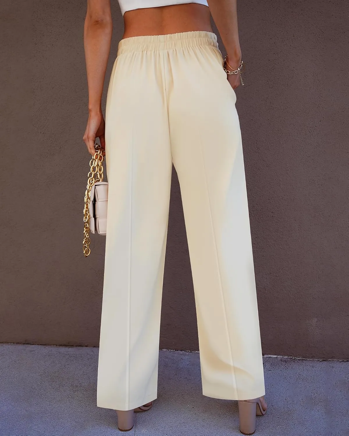 GRAPENT Wide Leg Dress Pants Women High Waisted Pull On Business Casual Work Pants Elastic Waist Dressy Trousers Pockets