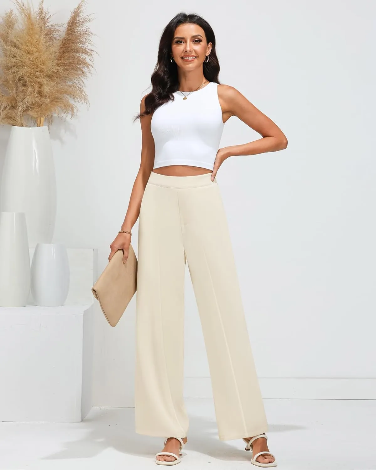 GRAPENT Wide Leg Dress Pants Women High Waisted Pull On Business Casual Work Pants Elastic Waist Dressy Trousers Pockets