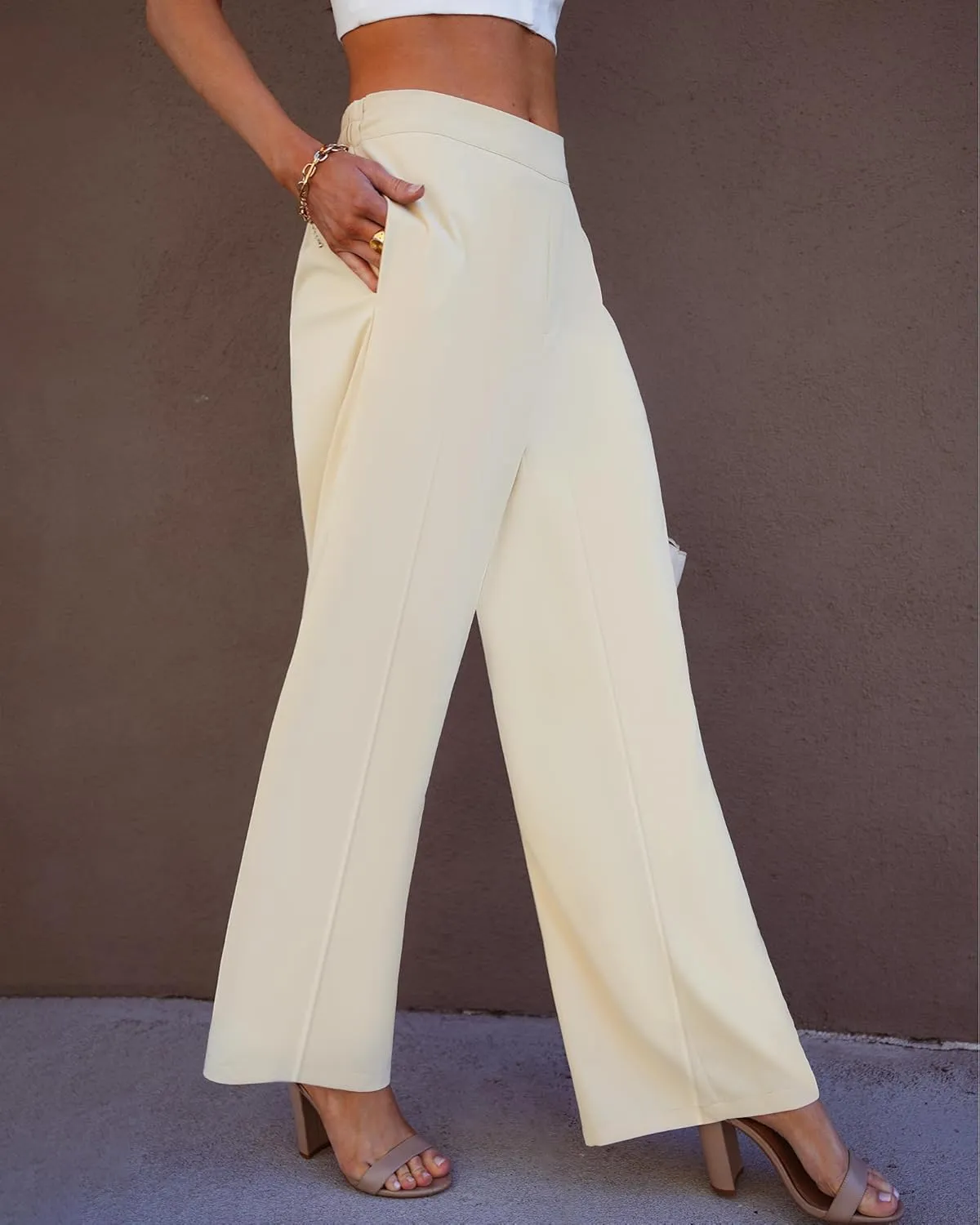 GRAPENT Wide Leg Dress Pants Women High Waisted Pull On Business Casual Work Pants Elastic Waist Dressy Trousers Pockets