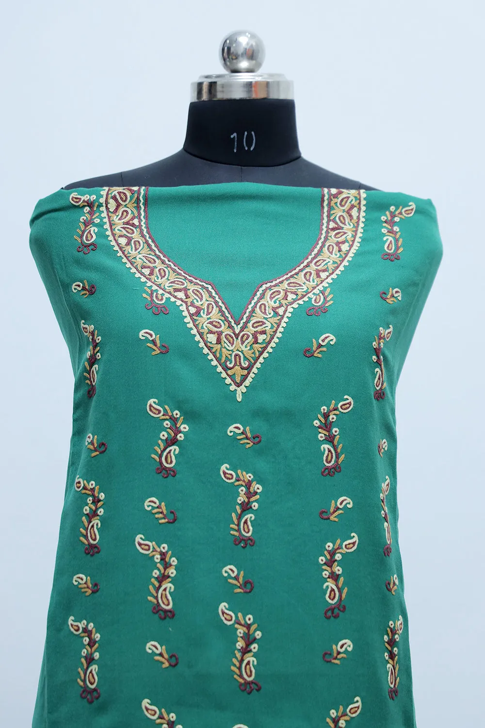 Grass Green Colour Cotton Suit With Beautiful Kashmiri Embroidery Definitely Add Elegance.