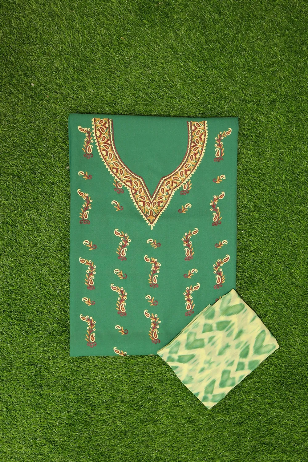 Grass Green Colour Cotton Suit With Beautiful Kashmiri Embroidery Definitely Add Elegance.