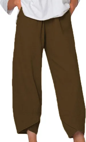 GRASWE Women Wide Leg High Waist Lounge Pants Cropped Solid Color Palazzo Trousers Loose Cotton Linen with Pockets Pants