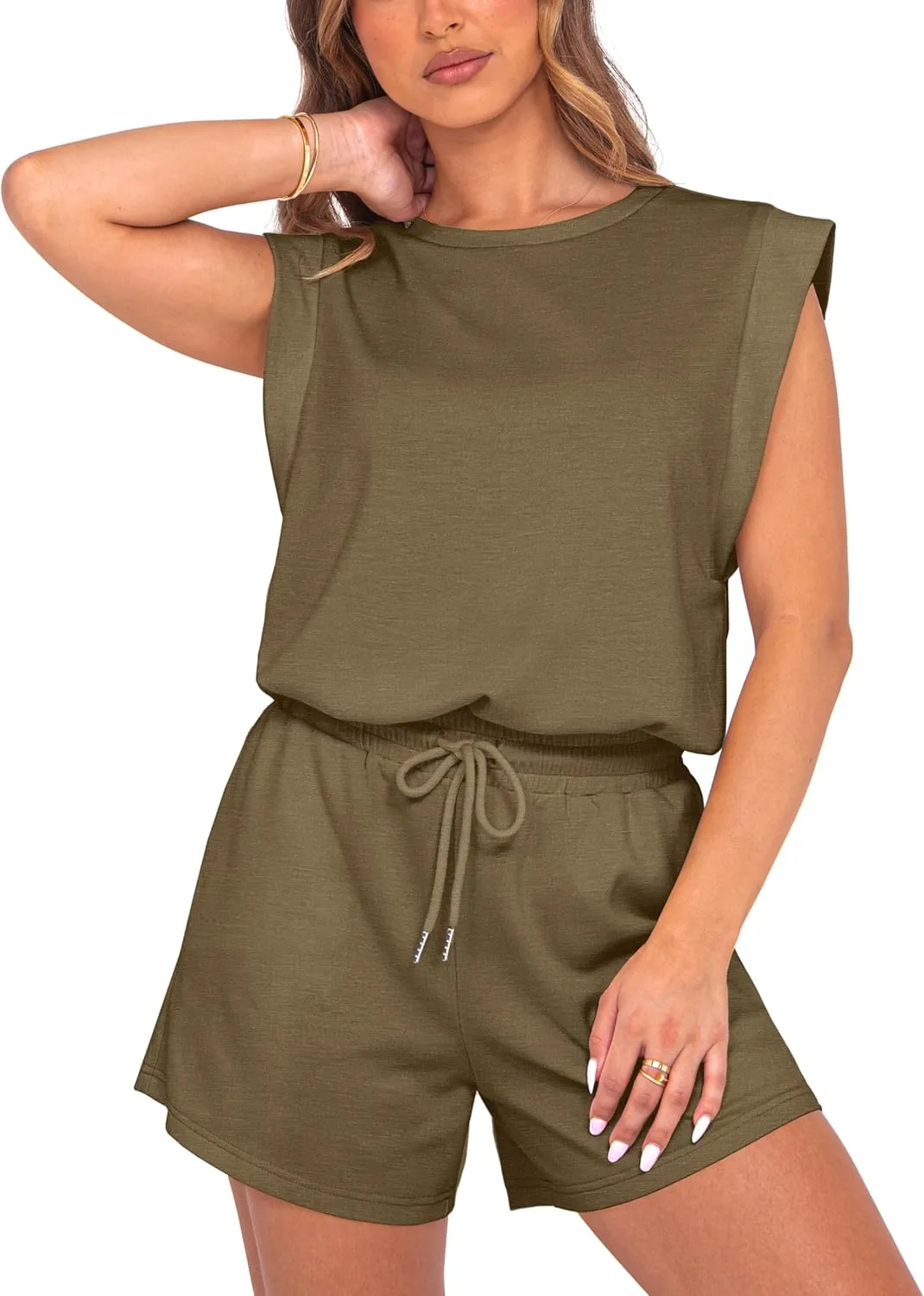 GRECERELLE Rompers For Women 2025 Summer Cap Sleeve Adjustable Drawstring Waistband Cozy Lounge Short Jumpsuit With Pocket