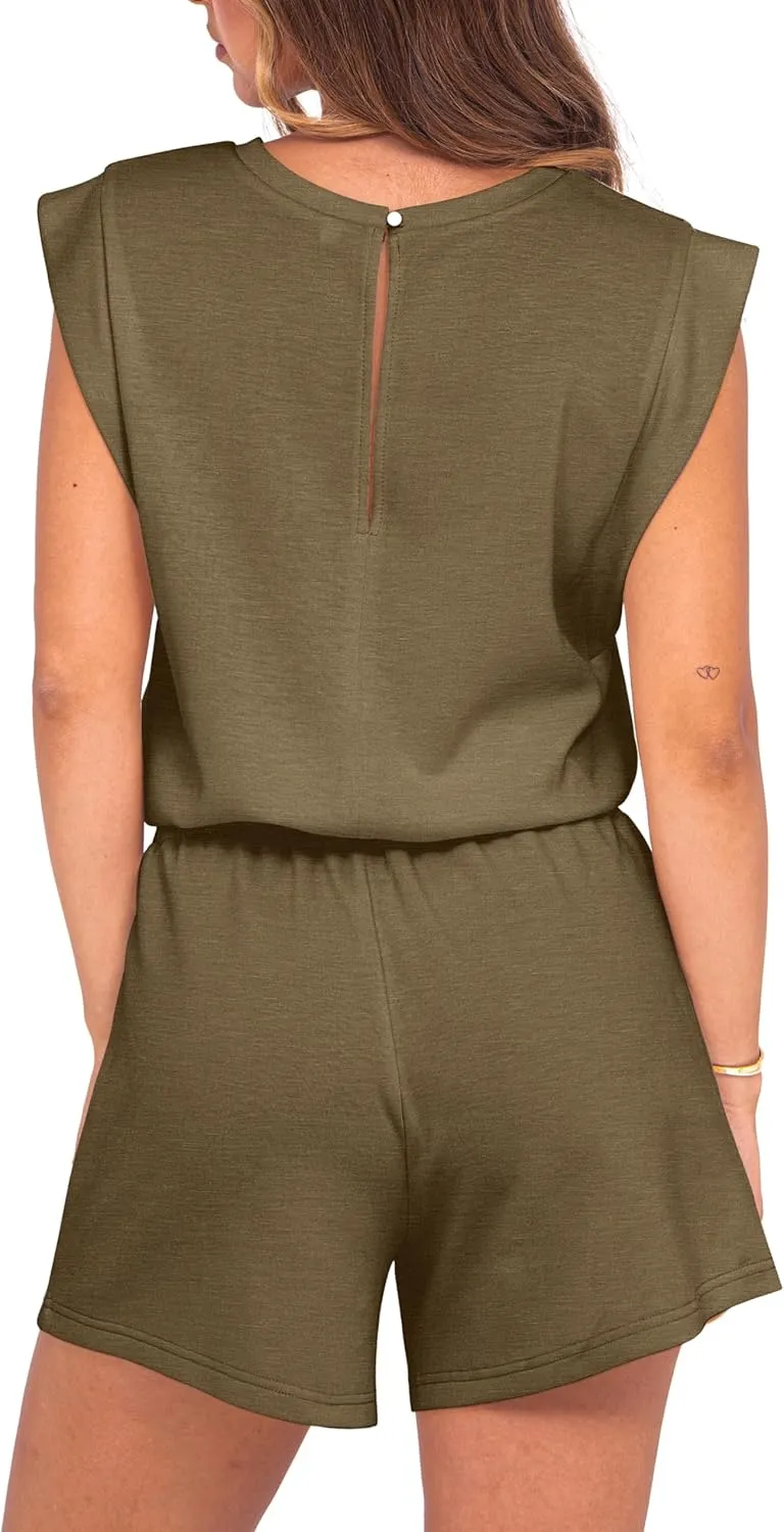 GRECERELLE Rompers For Women 2025 Summer Cap Sleeve Adjustable Drawstring Waistband Cozy Lounge Short Jumpsuit With Pocket