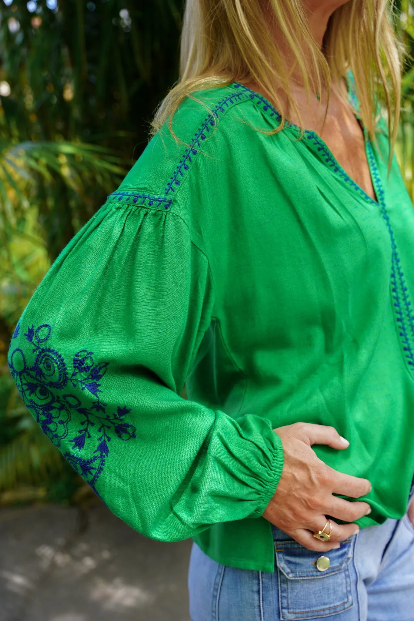 Green Embroidered Kaftan Top