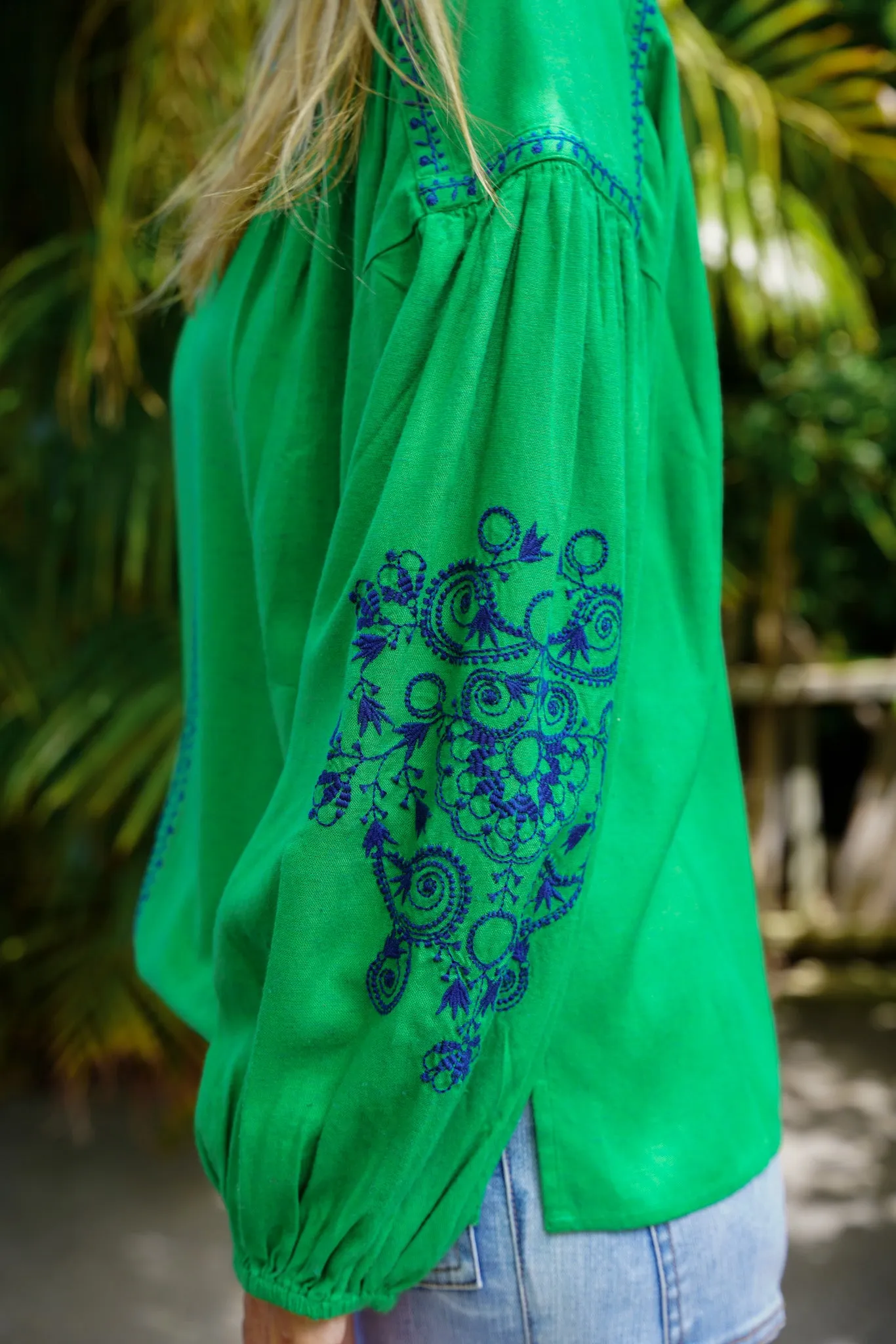 Green Embroidered Kaftan Top