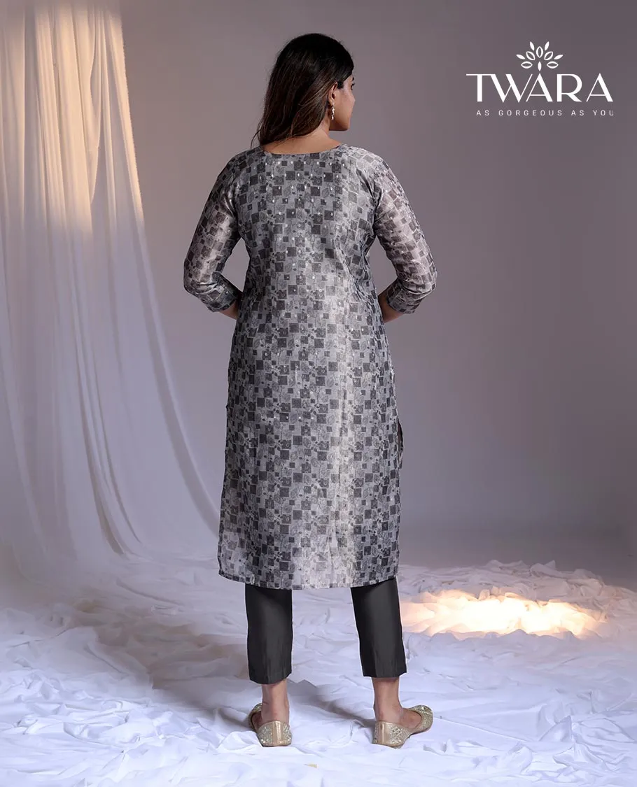 Grey readymade suit, unique print & embroidered 3/4th sleeve v-neck Chanderi top, plain pants & floral printed dupatta
