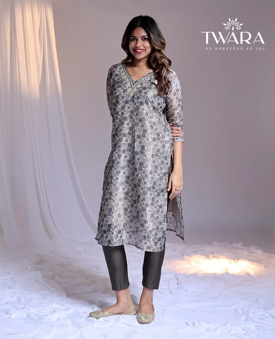 Grey readymade suit, unique print & embroidered 3/4th sleeve v-neck Chanderi top, plain pants & floral printed dupatta