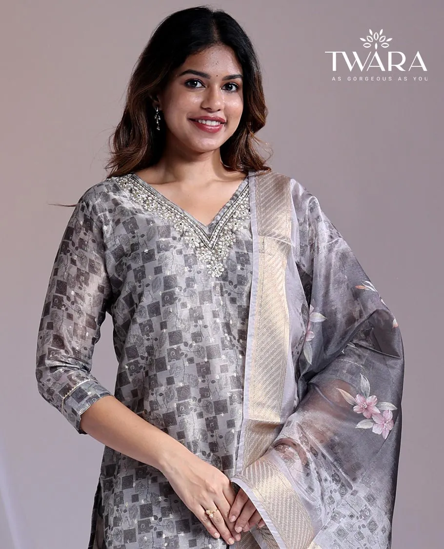 Grey readymade suit, unique print & embroidered 3/4th sleeve v-neck Chanderi top, plain pants & floral printed dupatta