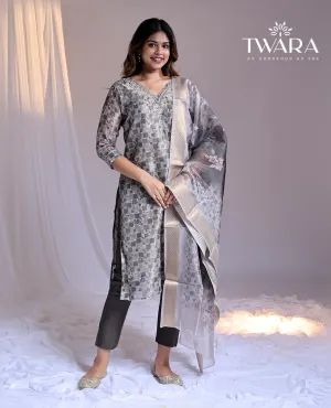 Grey readymade suit, unique print & embroidered 3/4th sleeve v-neck Chanderi top, plain pants & floral printed dupatta